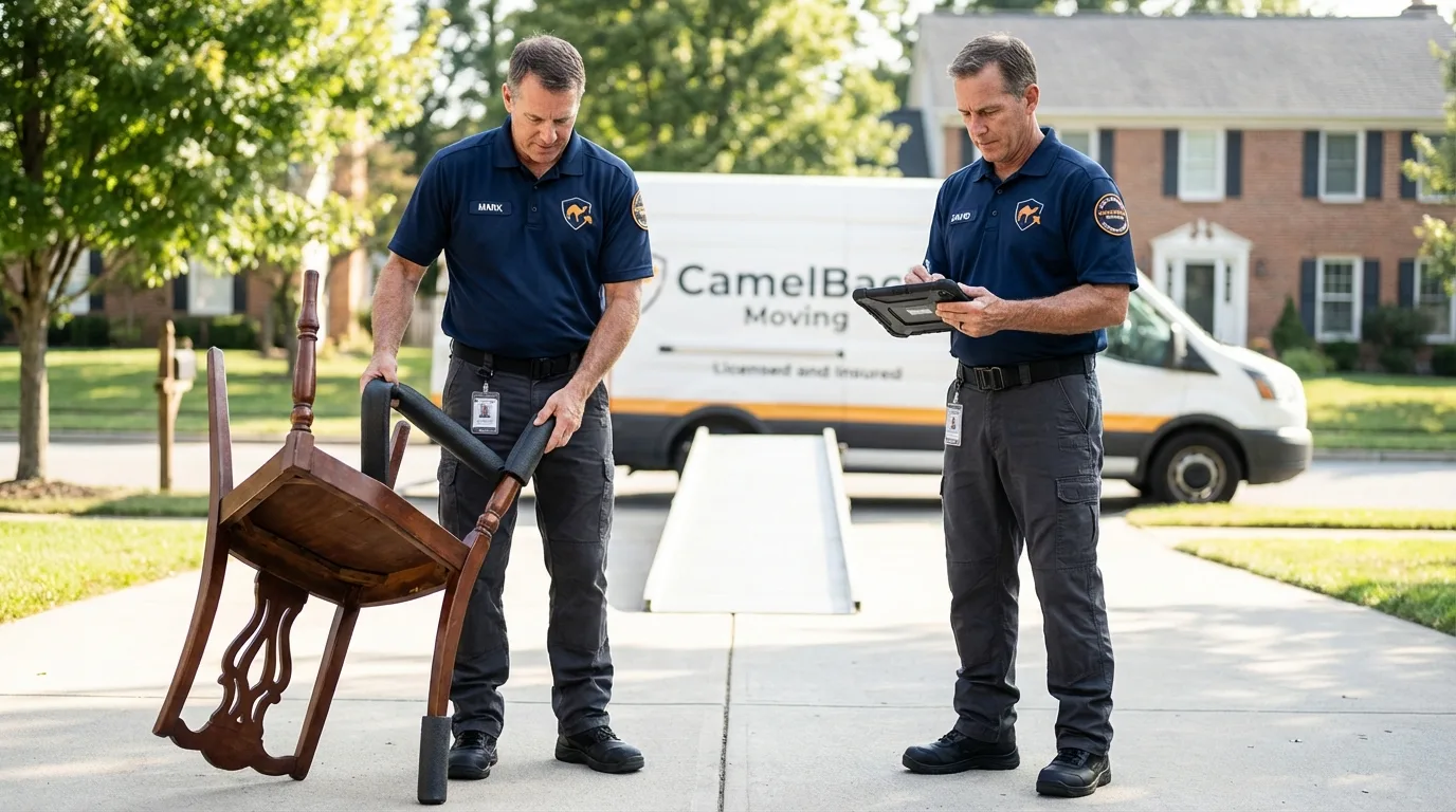Movers inspecting furniture for damage prevention before loading in Lovelock, NV